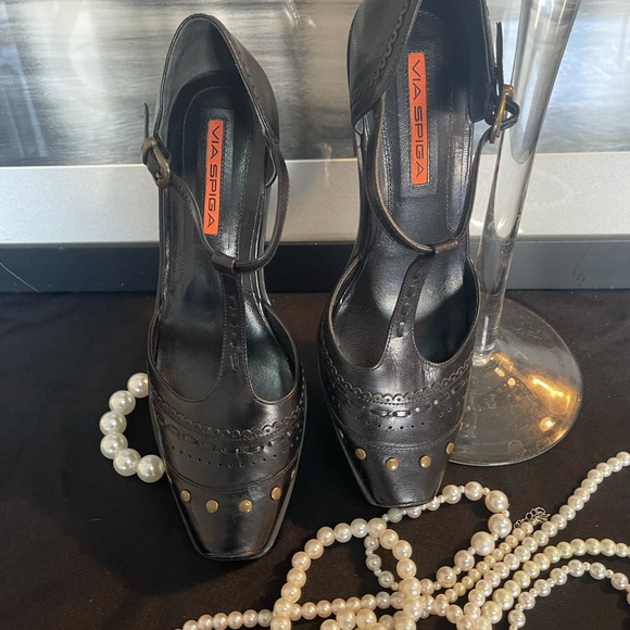 NEW VIA SPIGA VFrap BLK Leather Bambi Block Heels - Picture 7 of 14